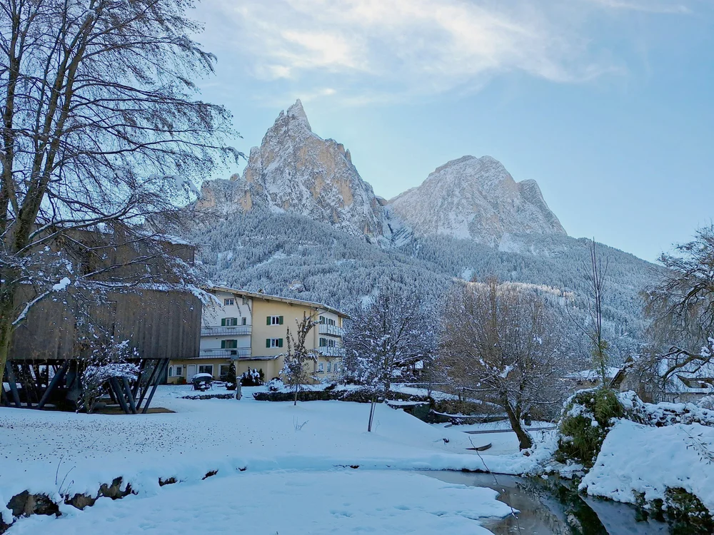 Schneebedeckte Berge und Häuser mit Bäumen im Winter