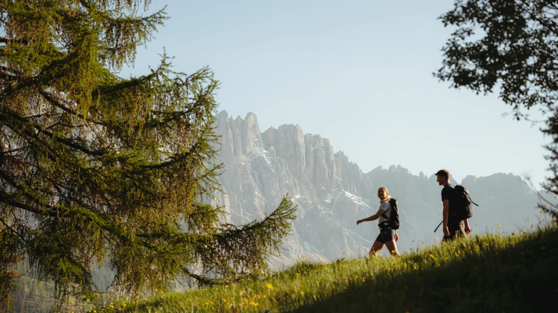 Zwei Wanderer auf einem Bergweg mit Berggipfeln im Hintergrund und Bäumen