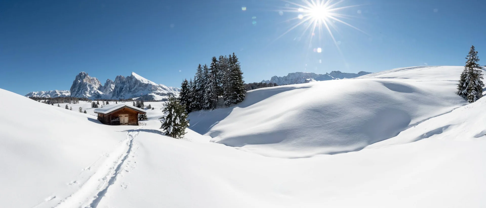 Schneebedeckte Landschaft mit Hütte, Tannenbäumen und Bergen bei Sonnenschein