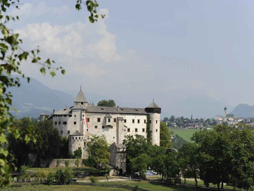 Altes Schloss auf einem Hügel mit Bäumen und Bergen im Hintergrund
